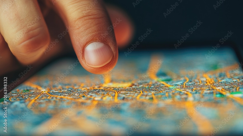 Finger pointing at a digital map displayed on a smartphone screen highlighting a voting or polling place location for election day navigation with a deep depth of field blur effect Finger pointing at a digital map displayed on a smartphone screen highlighting a voting or polling place location for election day navigation with a deep depth of field blur effect