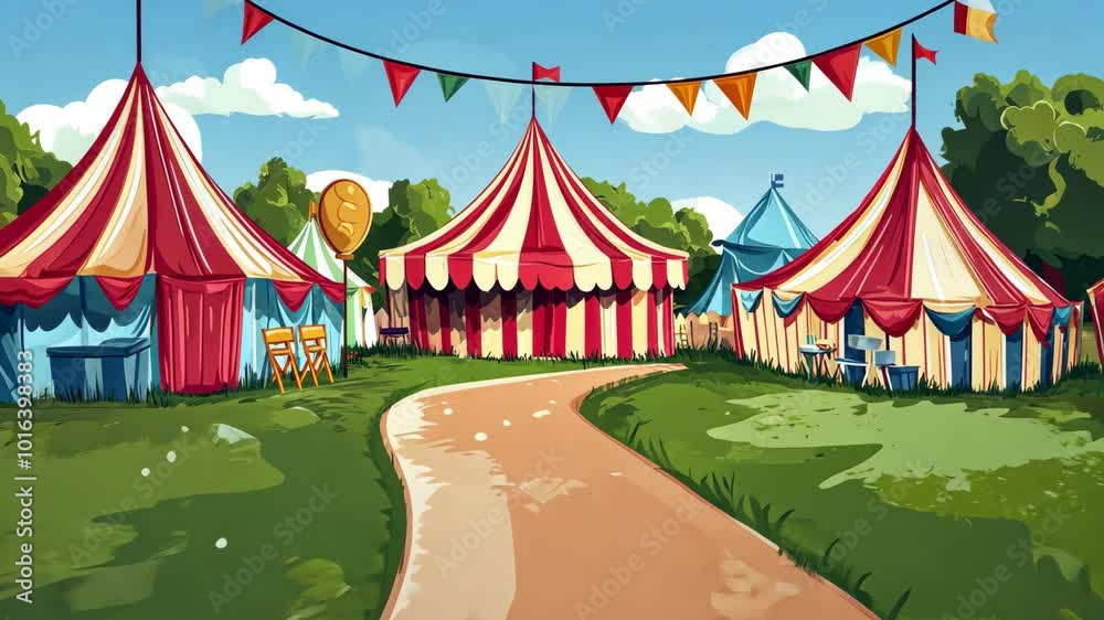 A winding path leads to a brightly colored circus tent on a sunny day A winding path leads to a brightly colored circus tent on a sunny day