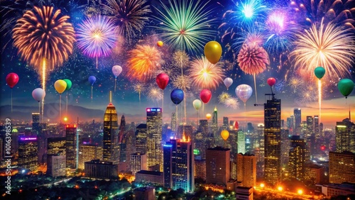 Vibrant fireworks burst above a bustling cityscape at midnight, as colorful confetti and balloons fill the air, celebrating the start of a new year. photo