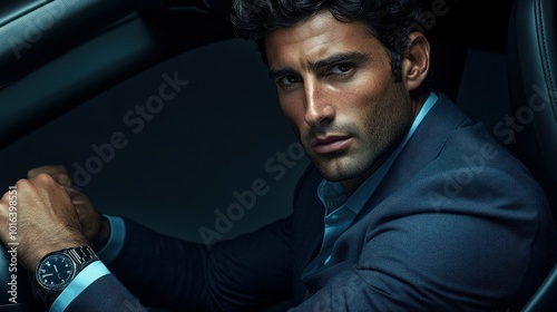 A stylish man in a suit sits in a car, exuding confidence and sophistication.