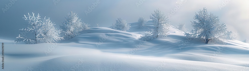 Fototapeta premium Snow-covered landscapes with pristine white and blue hues, serene and wintery, Nature, Cool tones, Photograph, Winter wonderland