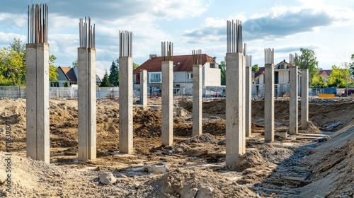 Concrete pillars on a construction site, open area for copy space