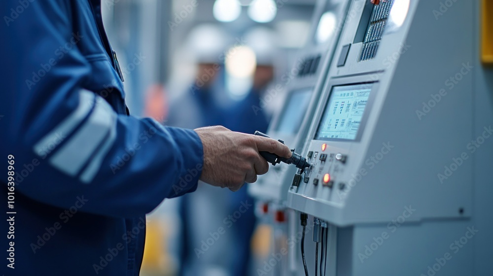 Obraz premium A person operates industrial control equipment in a factory setting.
