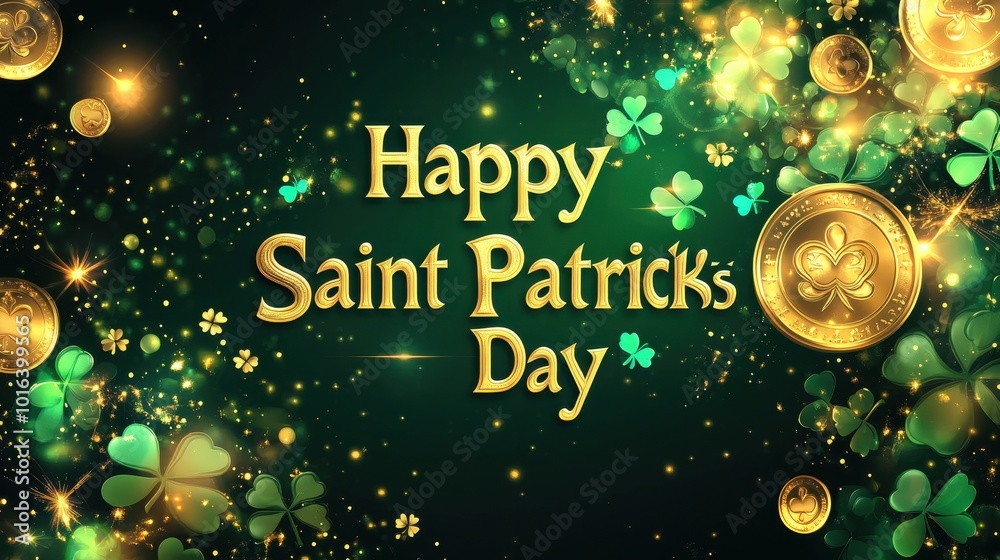 Fototapeta premium Decorative elements showcase a festive greeting for Saint Patrick's Day with clovers and coins