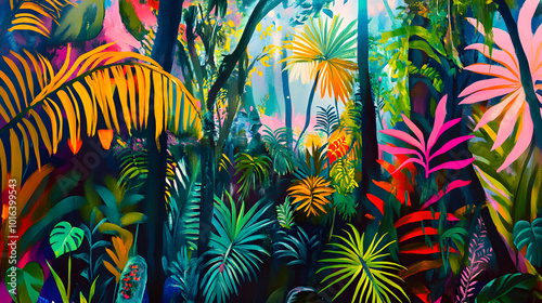 Abstract art painting of a vibrant jungle rainforest with diverse plants. Bright neon colors horizontal poster design