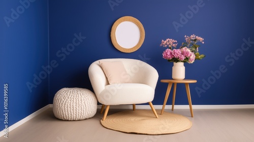 Elegantes, modernes Wohnzimmer-Innendesign mit gemütlichem Sessel und Blumenarrangement photo