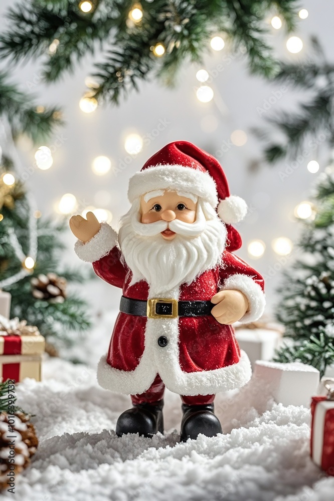Santa Claus ornaments in the snow, including Christmas trees, gift boxes, colorful balls, lights, Christmas atmosphere, and holiday decorations