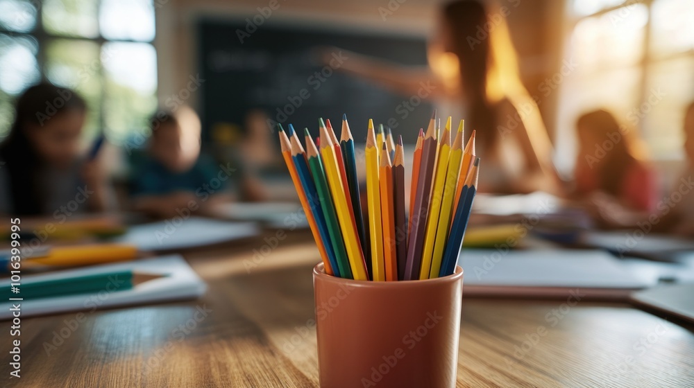 A colorful collection of pencils in a classroom setting, with students engaged in activities. A colorful collection of pencils in a classroom setting, with students engaged in activities.