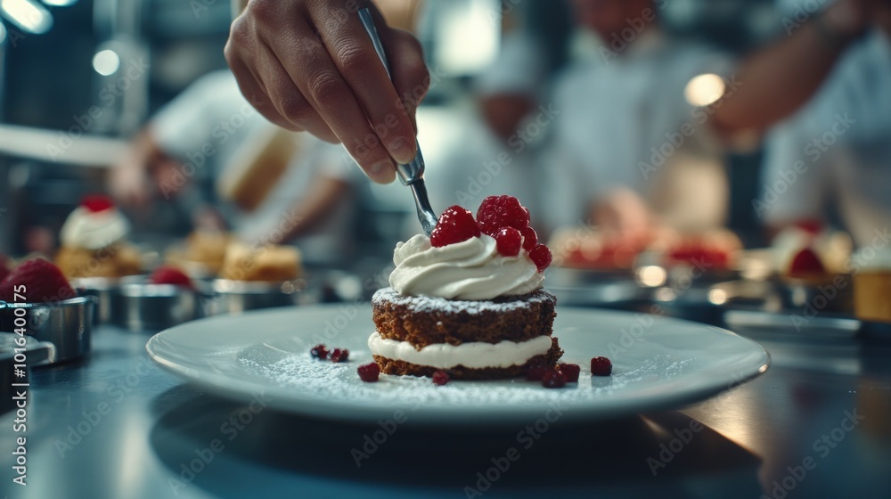 A chef delicately garnishing a dessert with raspberries in a busy kitchen setting. A chef delicately garnishing a dessert with raspberries in a busy kitchen setting.