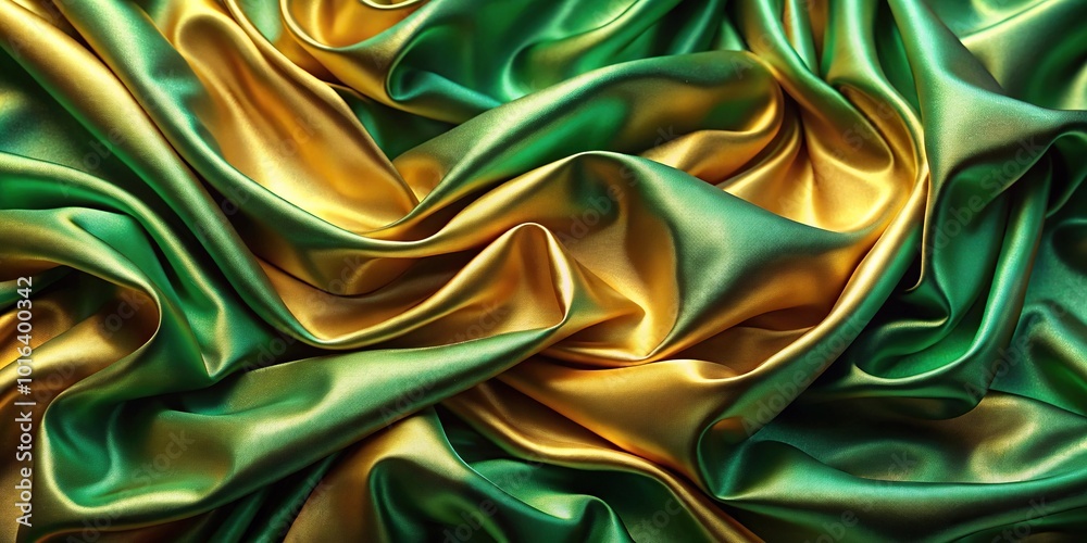 Aerial luxurious green and gold silk fabric with elegant flowing waves and smooth texture Aerial luxurious green and gold silk fabric with elegant flowing waves and smooth texture