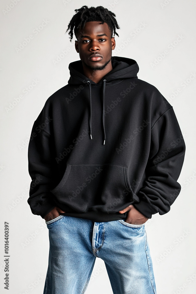 black african american male model wearing a black heavyweight cotton blank oversize hoodie, baggy blue jeans, clothing mockup black african american male model wearing a black heavyweight cotton blank oversize hoodie, baggy blue jeans, clothing mockup