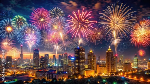 Vibrant fireworks explode in a night sky above a cityscape, surrounded by sparkling lights and festive decorations, celebrating the start of a new year.