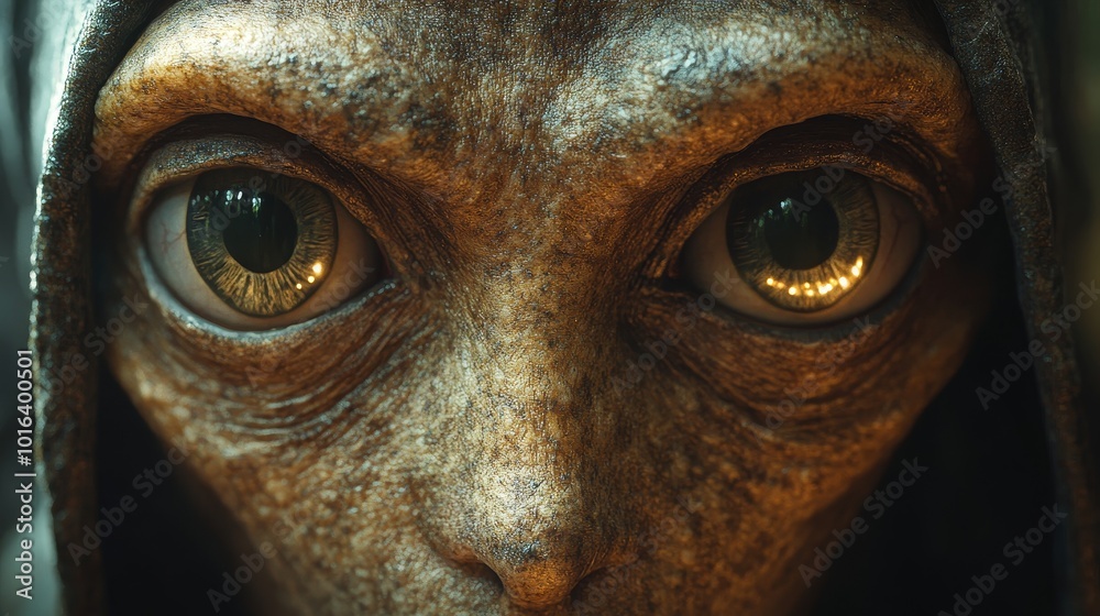 A creepy alien with green eyes stares at the camera A creepy alien with green eyes stares at the camera