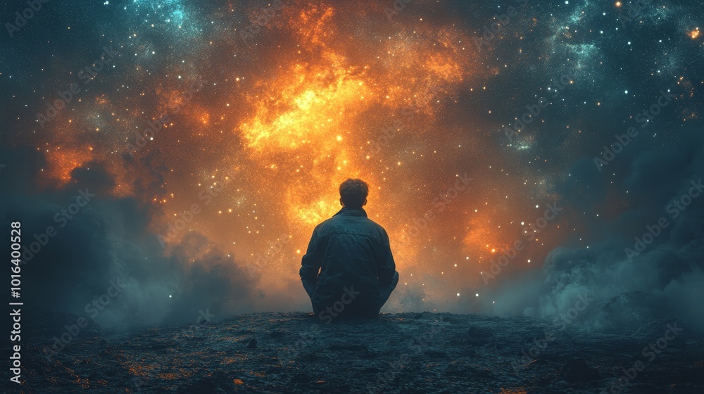 A man is sitting on a hill, looking up at the stars A man is sitting on a hill, looking up at the stars