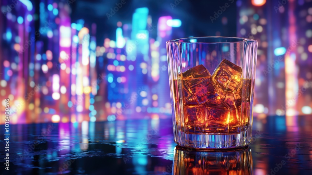 Whiskey glass with ice cubes, vibrant city lights background Whiskey glass with ice cubes, vibrant city lights background