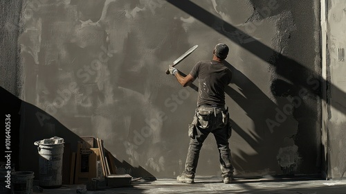 A worker applying plaster to a wall in a construction setting. photo