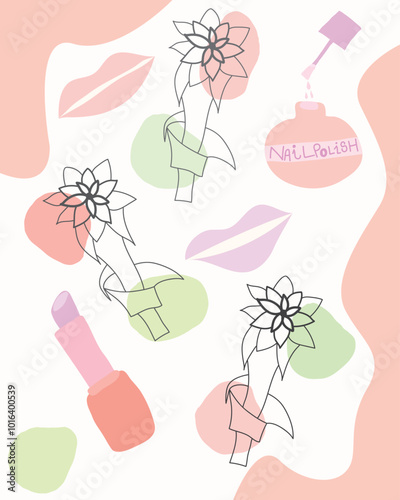 female makeup items card, background, wallpaper, illustration. Girls fashion items including lipstick, nail polish card, background template.