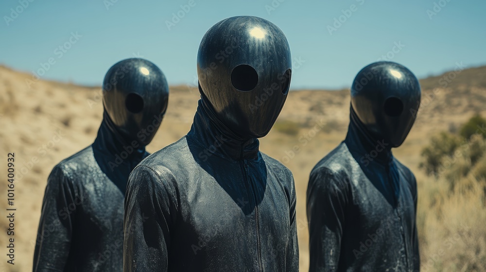 Three people in black costumes stand in a desert Three people in black costumes stand in a desert