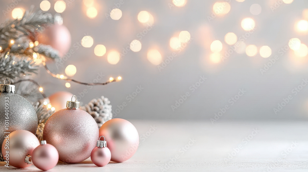 Festive arrangement of pink and silver Christmas baubles with blurred fairy lights and a pinecone on a light background Festive arrangement of pink and silver Christmas baubles with blurred fairy lights and a pinecone on a light background