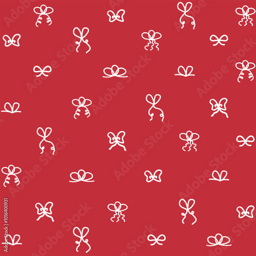Red hand drawn background with white ribbons. Seamless bow pattern for presents . New Year, Christmas, Valentines day, Birthday