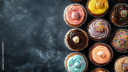 Delicious cupcakes with colorful toppings, seen from a top angle, space for writing available