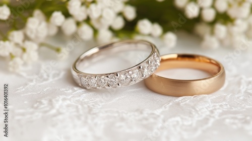 Elegante Hochzeitsaccessoires: Gold- und Diamantringe mit Spitze und Blumen für Frühlingszeremonien