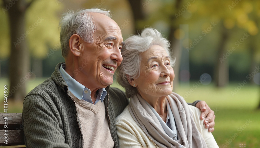 elderly man and woman close-up sitting in park, Al Generation elderly man and woman close-up sitting in park, Al Generation