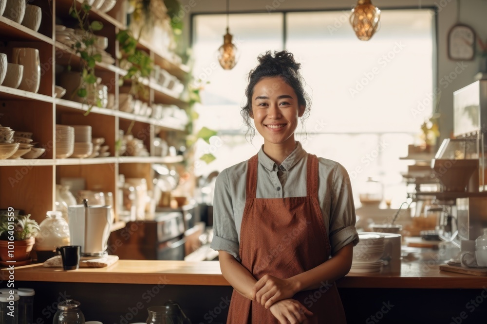 Fototapeta premium Tea cafe female adult entrepreneur.
