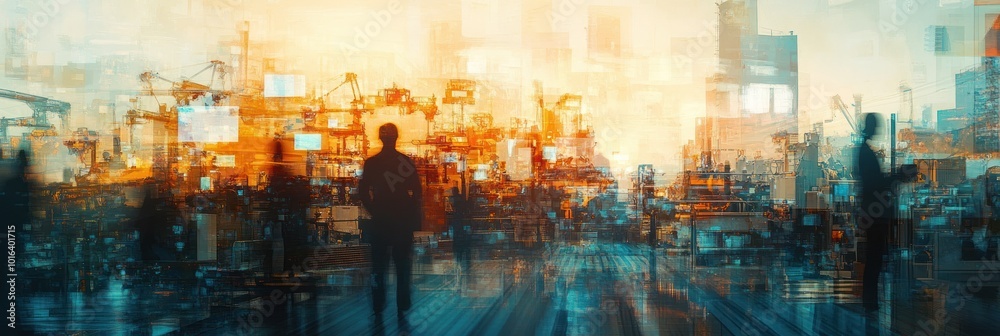 Fototapeta premium Abstract industrial scene with silhouettes, representing technology and innovation.