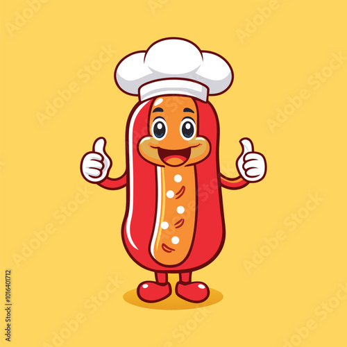 Smiling Hot Dog Chef Gives Thumbs Up Vector Icon Illustration.