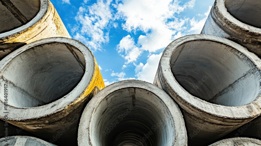 Large concrete pipes stacked together, open sky providing copy space Large concrete pipes stacked together, open sky providing copy space