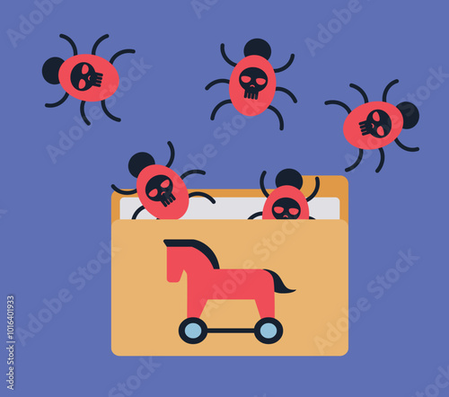 Folder with a trojan from which computer worms emerge. Spyware, ransomware. Interception of files and data. Computer virus. Flat design vector illustration.