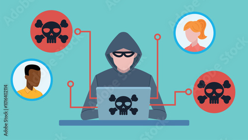 Hacker sitting at desk. Working on laptop and connecting to company conference by hacking connection and taking over user accounts. Flat design vector illustration. 