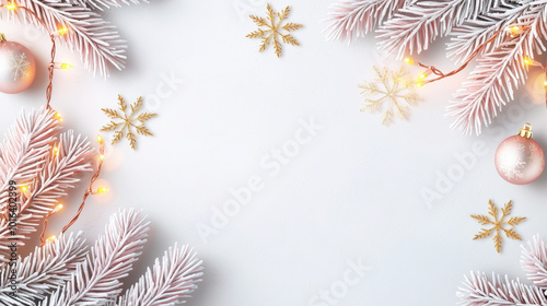 Wallpaper Mural Festive arrangement of pink Christmas decorations with frosted branches, golden snowflakes, and warm fairy lights on a light background Torontodigital.ca