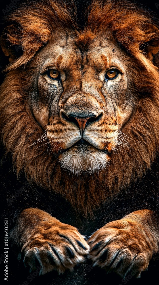 Majestic Lion Close-Up with Intense Stare in Dramatic Lighting Majestic Lion Close-Up with Intense Stare in Dramatic Lighting