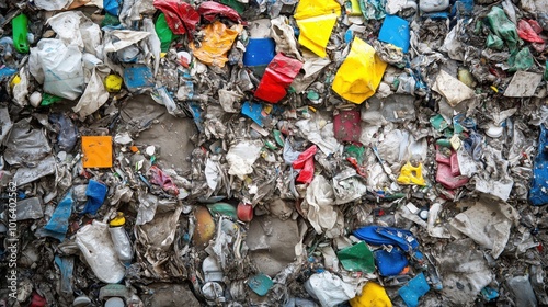 Plastic waste accumulation, colorful debris, environmental impact