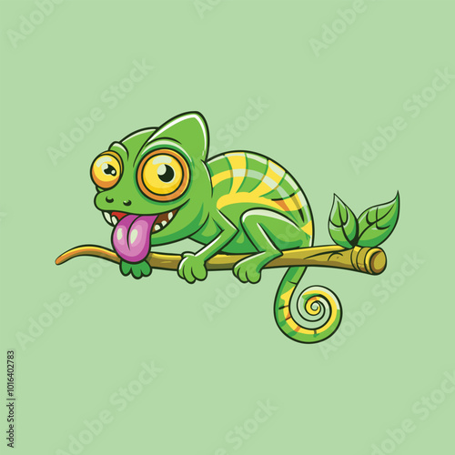 Cartoon Chameleon Sitting On Branch With Tongue Out Vector Icon Illustration.