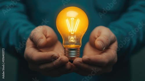 Close up of human hands carefully crafting a glowing clay lightbulb representing the process of molding creative ideas and harnessing innovation to drive business growth and success