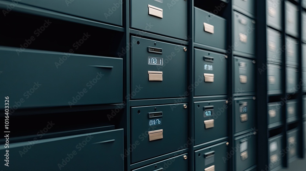 A series of fully enclosed digital lockers line the wall, each marked with individual numbers. The setting emphasizes storage options and organizational tools A series of fully enclosed digital lockers line the wall, each marked with individual numbers. The setting emphasizes storage options and organizational tools