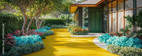 A chic front yard with mustard artificial turf, a pathway of alabaster to a forest green door, complemented by coral trees and turquoise flowers The house has smoky quartz windows and a zinc roof photo