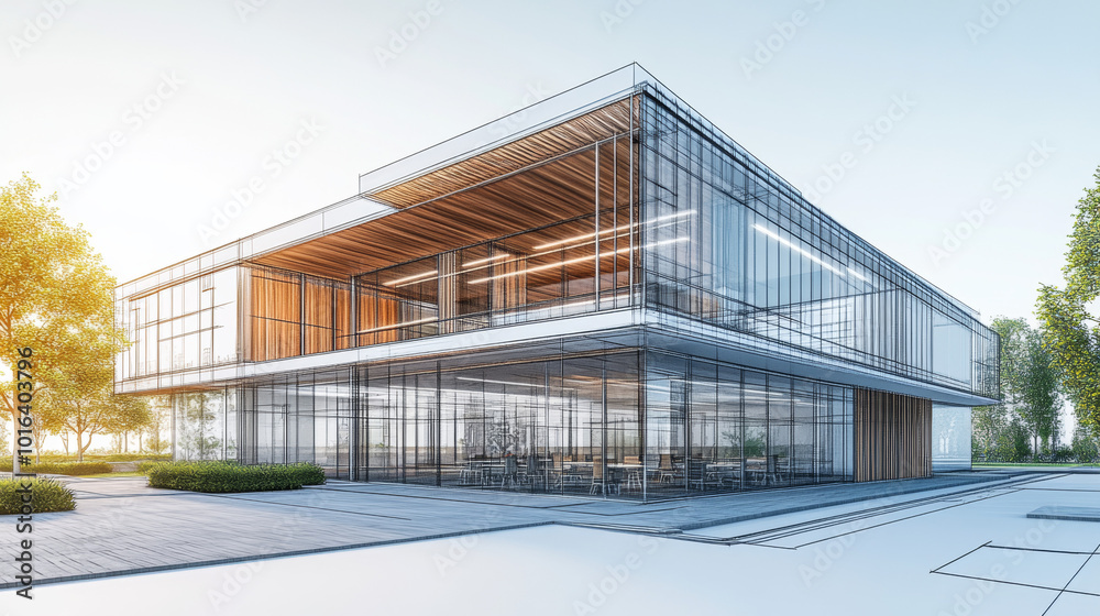 Innovative Modern Building Design: A Sleek Fusion of Glass, Wood, and Nature in Architectural Visualization Innovative Modern Building Design: A Sleek Fusion of Glass, Wood, and Nature in Architectural Visualization