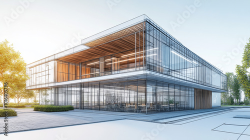 Innovative Modern Building Design: A Sleek Fusion of Glass, Wood, and Nature in Architectural Visualization