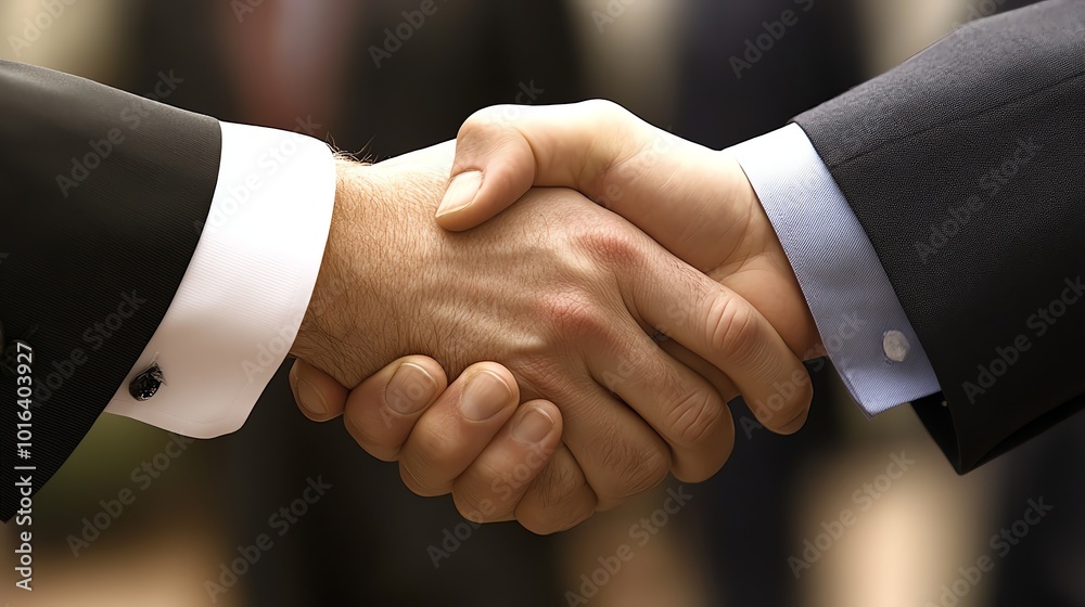 Two people in business suits shake hands over a table. Two people in business suits shake hands over a table.