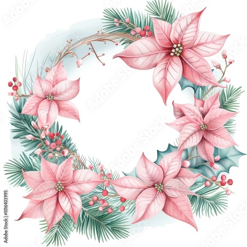 A beautiful floral wreath featuring pink poinsettias and greenery, perfect for holiday decorations and seasonal celebrations.