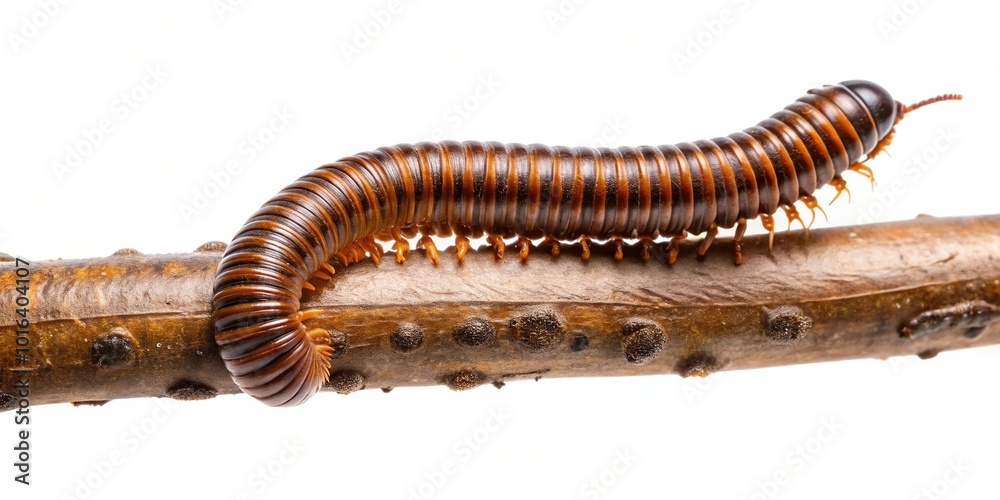 Aerial millipede crawling on the branch isolated on white background Aerial millipede crawling on the branch isolated on white background