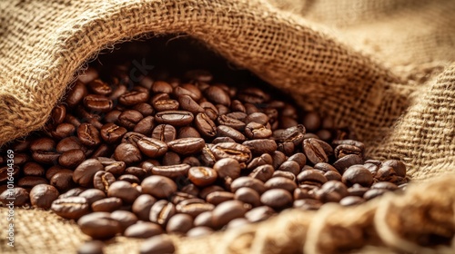 Close-up of brown coffee beans spilling from a burlap sack, with detailed textures and lighting