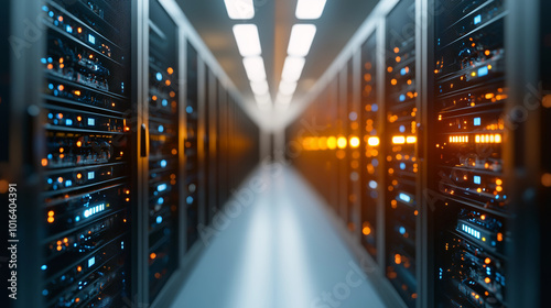 A high-tech data center featuring rows of server racks illuminated with blue and orange lights. The modern design showcases advanced technology and efficient storage solutions.