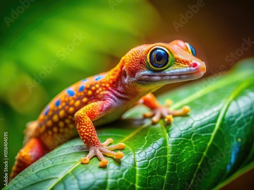 A delightful baby gecko rests on a leaf, embraced by a lush green background, capturing the essence of its natural habitat and endearing spirit.