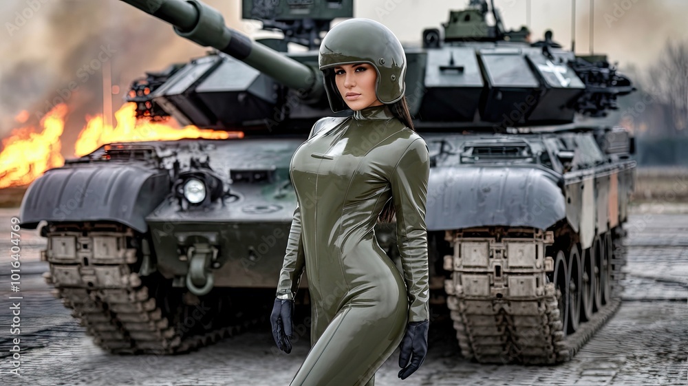 Woman in Military Green Latex Uniform Posing in Front of a Tank Woman in Military Green Latex Uniform Posing in Front of a Tank