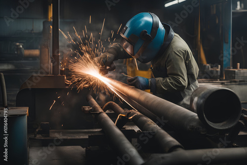 Male in face mask welds with argon arc welding. photo